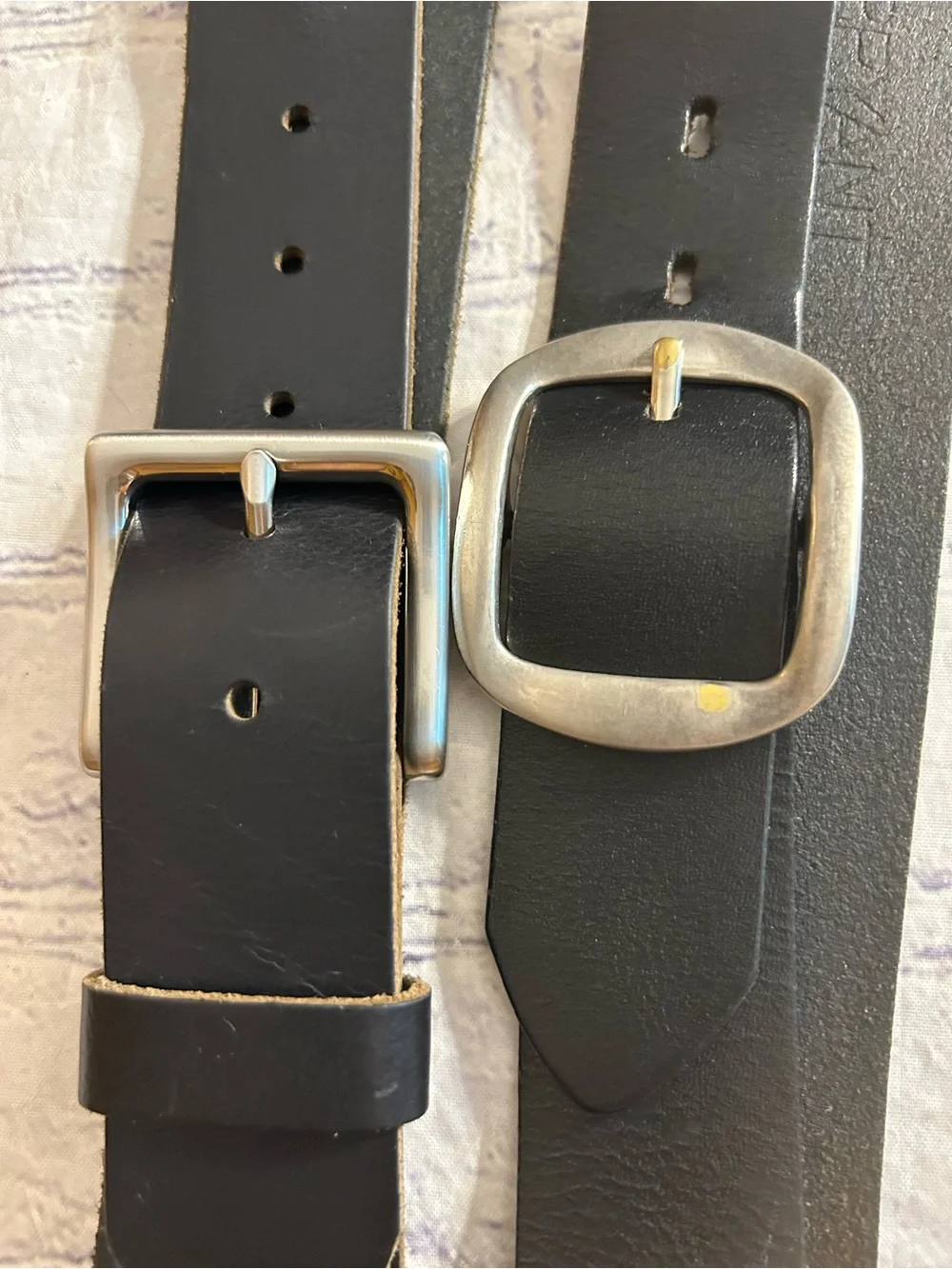 LOT OF (2) BLACK LEATHER CHUNKY SILVER TONE BUCKLES WIDE MEN RUGGED BELTS